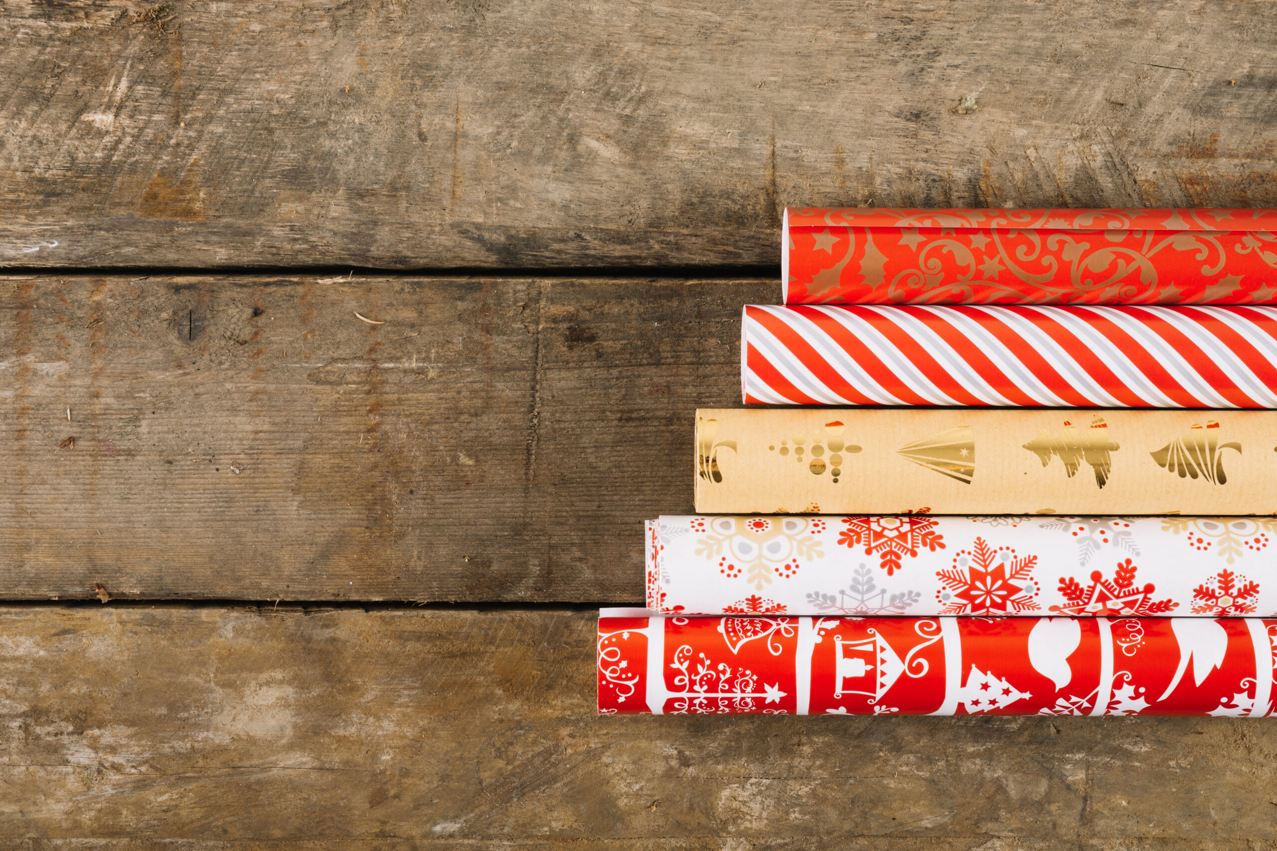 christmas composition with five gift boxes